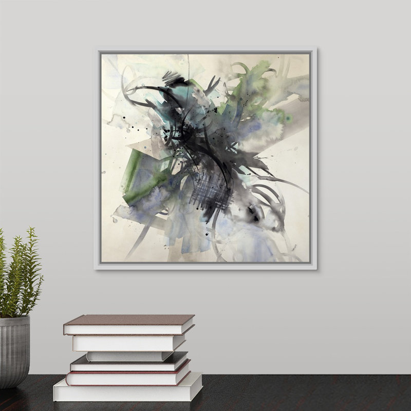 « spring élingue », peinture sur toile, H 13,7 po x l 13,7 po x P 1,75 po, Cadre flottant blanc