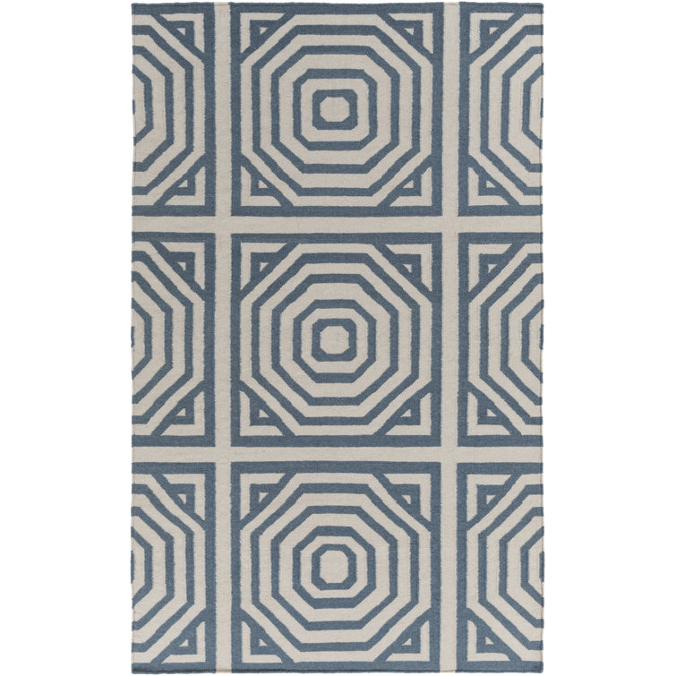 Tapis bleu marine / ivoire en laine tissé à la main et à plat
