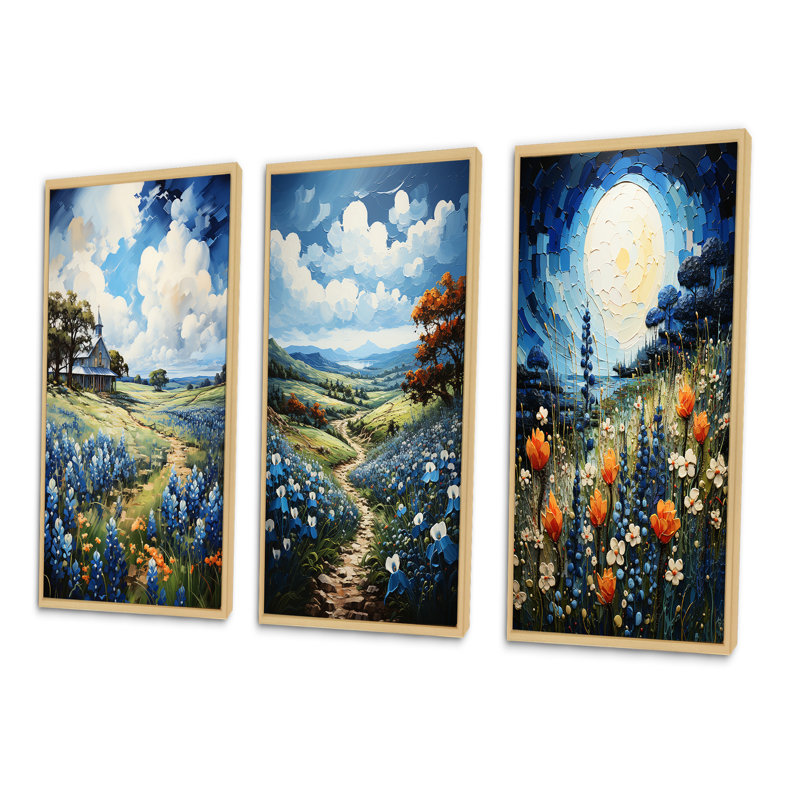 «Blue Bonnets Texan Blues», 3 pièces, Encadré naturel, H 40 po x l 60 po