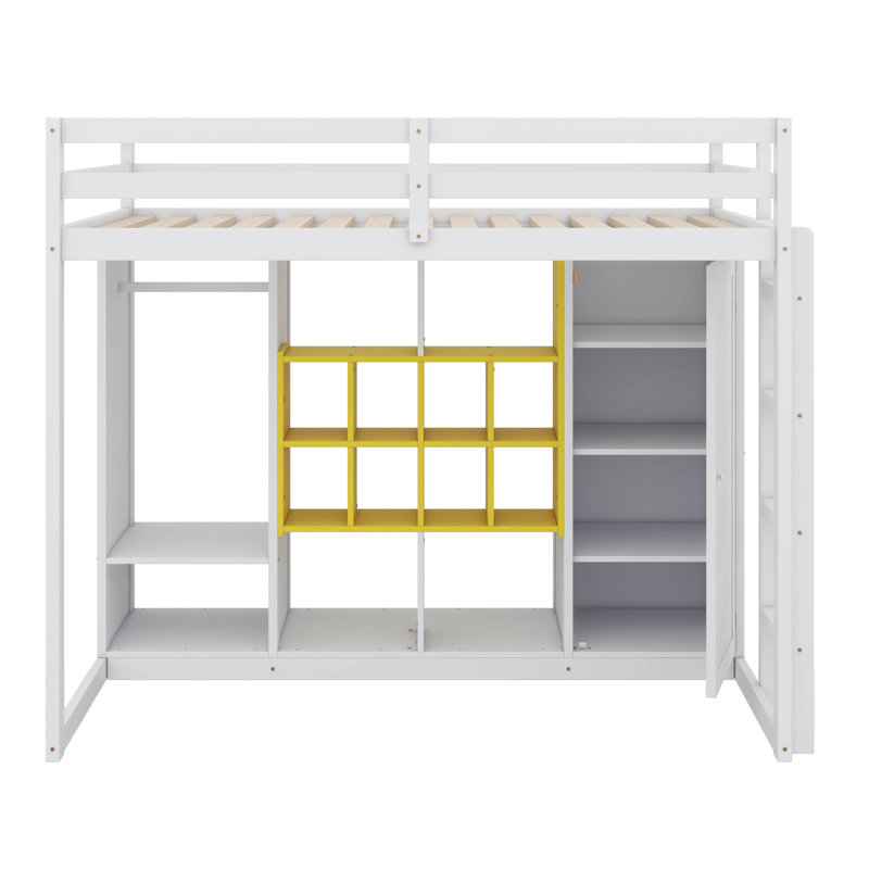 Lit mezzanine simple avec garde-robe intégrée, tablettes, armoire et marches, Blanc / jaune