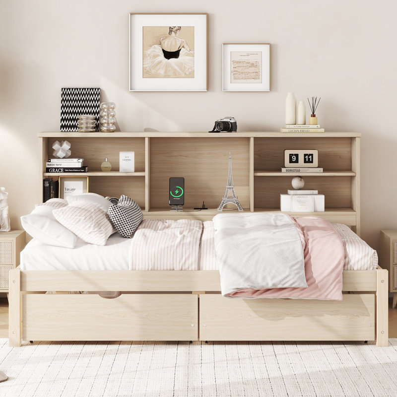 Cadre de lit avec tablettes latérales, tiroirs et port USB intégré, Naturel