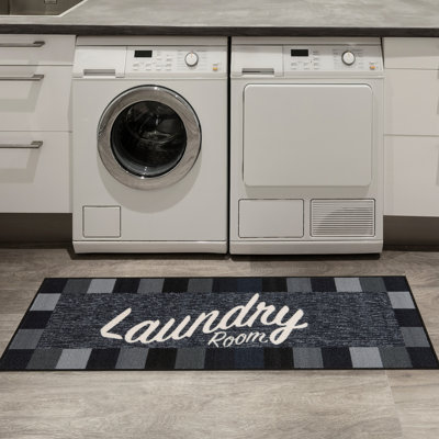 Non-Slip Rubberback Checkered Border Laundry Room Runner Rug, Entryway Rug