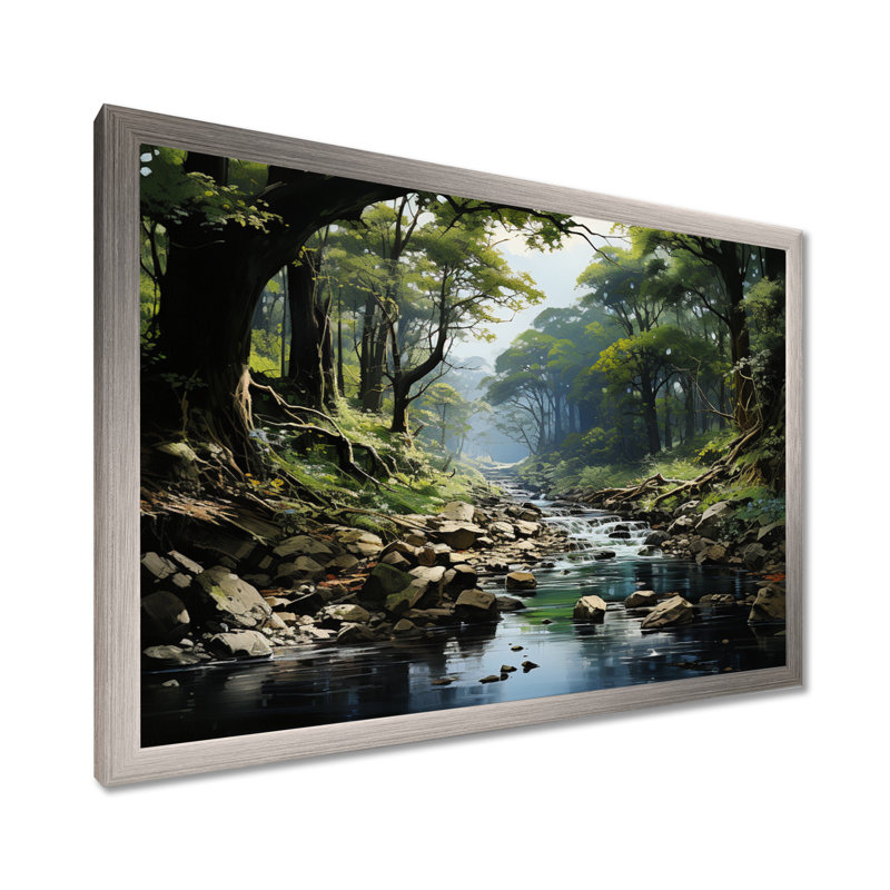 «Gentle River Through Country Charm Forest», art mural forêt fluviale, H 30 po x l 40 po x P 1,5 po, Cadre simple argenté
