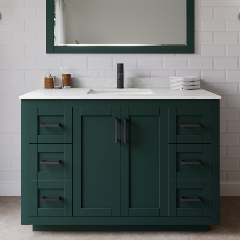 Miranda 48" Freestanding Single Bathroom Vanity with Cultured Marble Top with 46" Mirror, Matte Black, Green