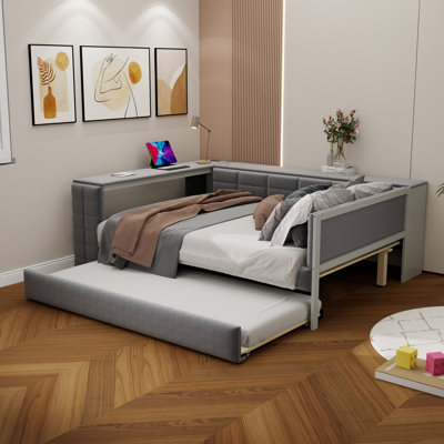 Lit plateforme double en velours avec tablettes de rangement, ports USB et bureau
