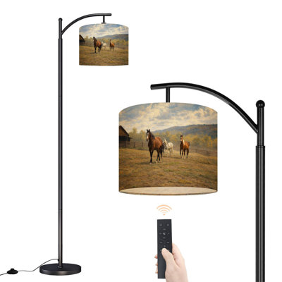 Arc Floor Lamp with Adjustable Lampshade Horses grazing amongst remote landscape Standing Lamp 3 Color Temperatures Dimmable Tall Pole Lamp with Foot Switch for Bedroom