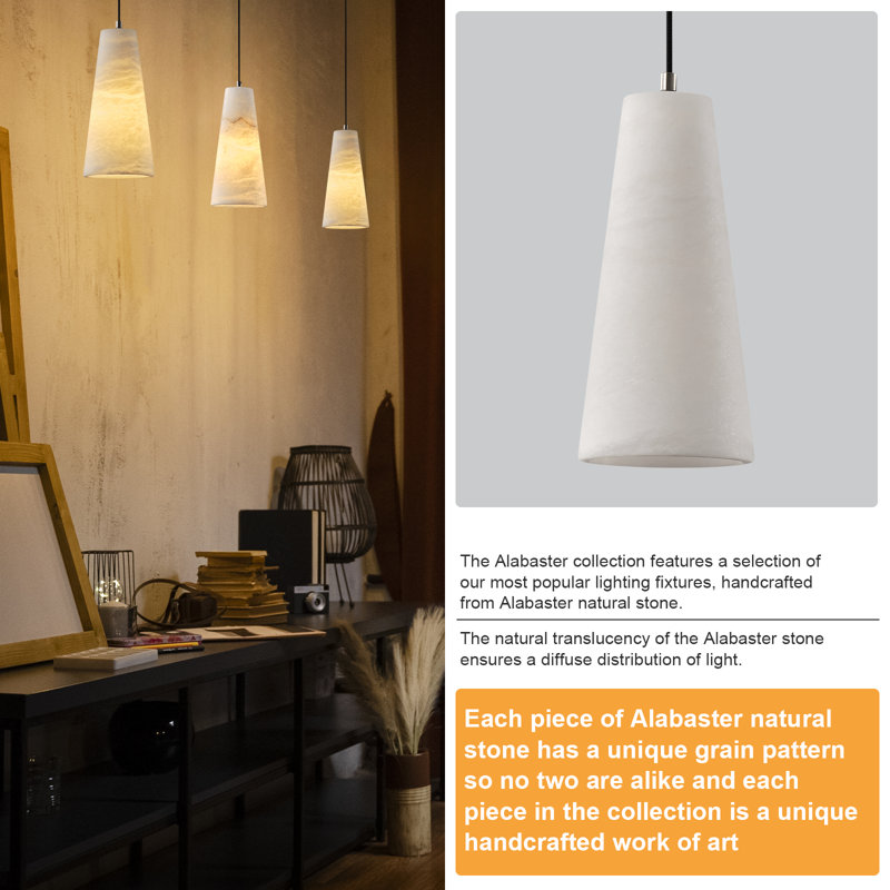 Rennata Height Adjustable Luxurious Alabaster Conical Pendant Lights(Set of 3), Gold
