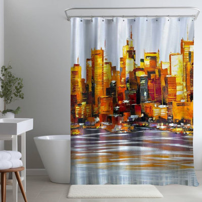Gray Building – Orange Buildings Home – Polyester Shower Curtain, Dye Sublimation Print, 71" W × 74" L