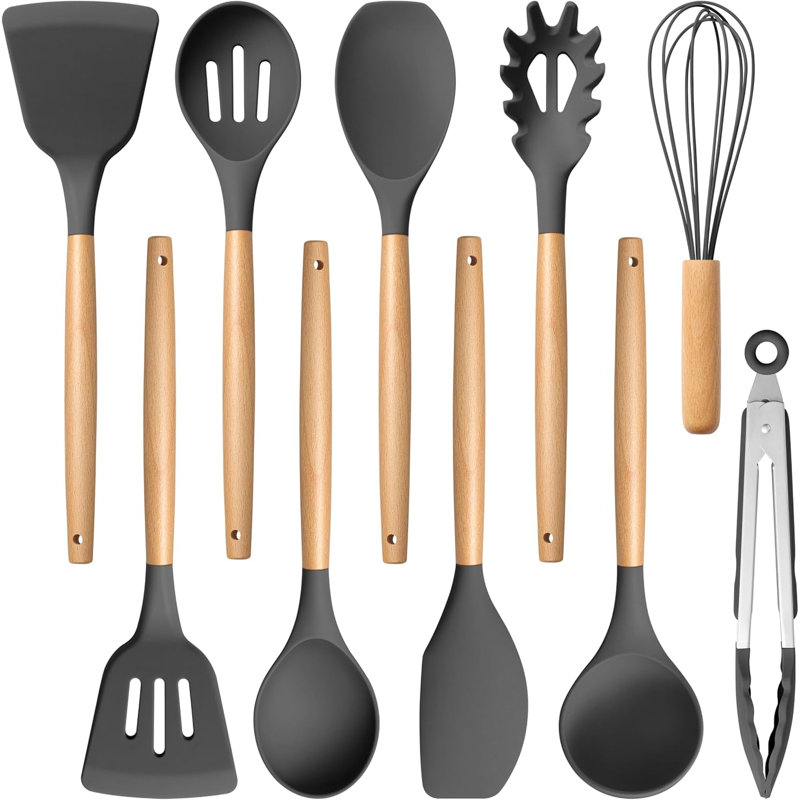 10-Piece Silicone Cooking Utensils Set With Wooden Handle, Heat Resistant Nonstick Kitchen Tools For Safe And Healthy Cooking
