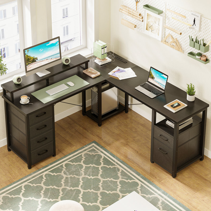 Bureau de jeu en L Elverton avec prises intégrées, Noir, H 35,04 po x l 66,14 po x P 58,27 po