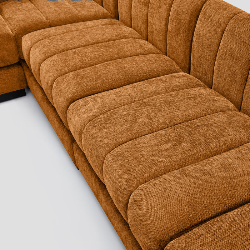 Canapé d'angle modulaire Myrhn, lit convertible contemporain 4 places avec base en bois massif, Orange
