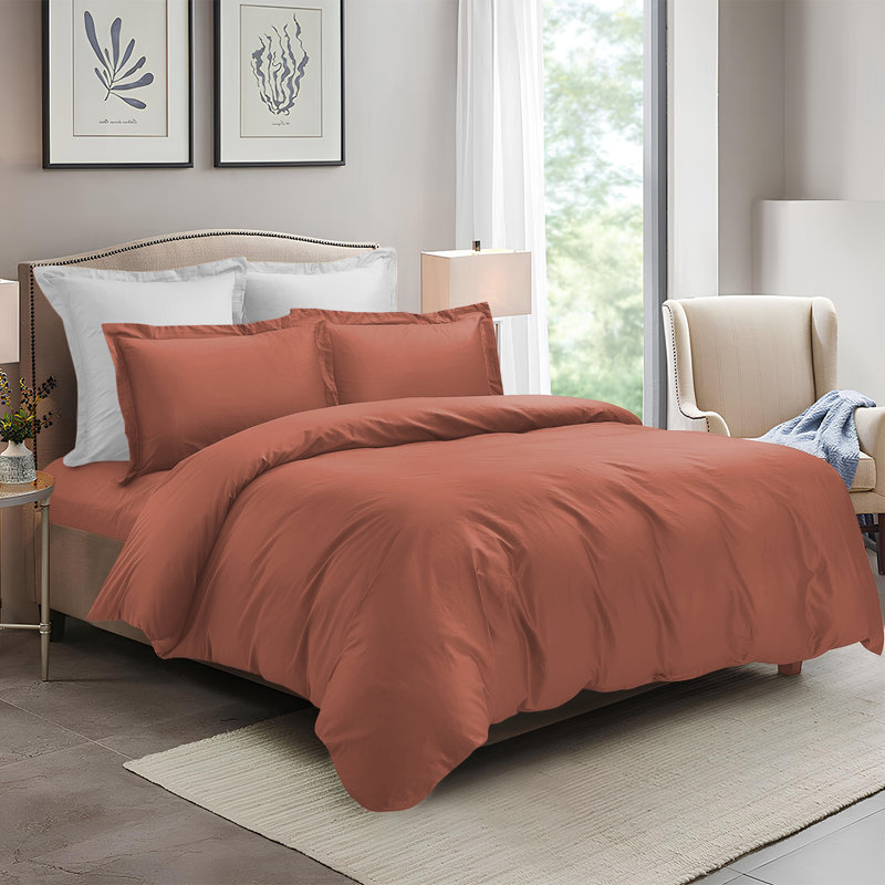 4 Piece Complete Bedding Set Duvet Cover Set With Fitted Bed Sheet & Pillowcases, Peach