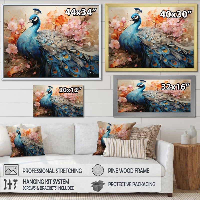 «Peacocks Graceful Elegance II», reproduction sur toile, H 30 po x l 40 po x P 1,5 po, Cadre photo blanc