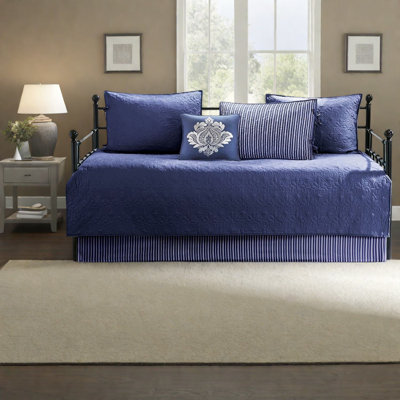 Ensemble de literie réversible en coton 6 pièces, rayures bleu marine, lit de jour simple