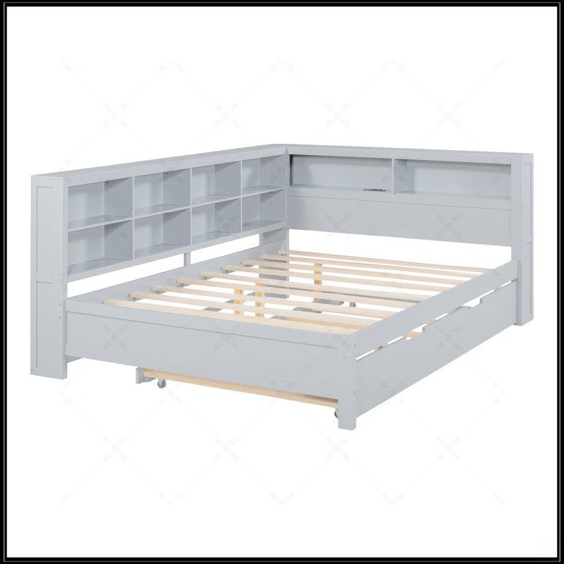 Wooden Daybed With Twin Size Trundle, Gray, Full