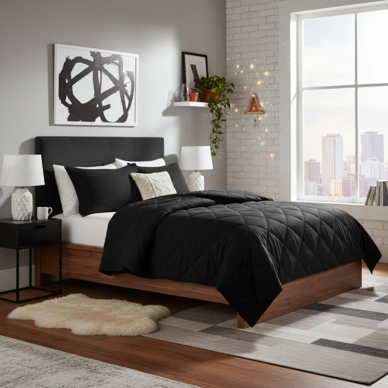Ensemble d'édredon réversible en duvet synthétique matelassé double / grand 3M Scotchgard, L 90 po x l 86 po, Black