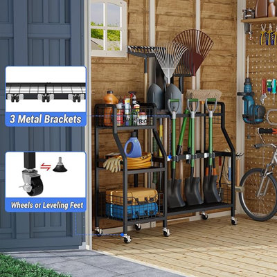 Garden Tool Organizer with 6 Wheels(3 lockable), Heavy Duty Yard Tool organizer with 2 Basket, Large Metal Garage Tool Organization and Storage for Ga