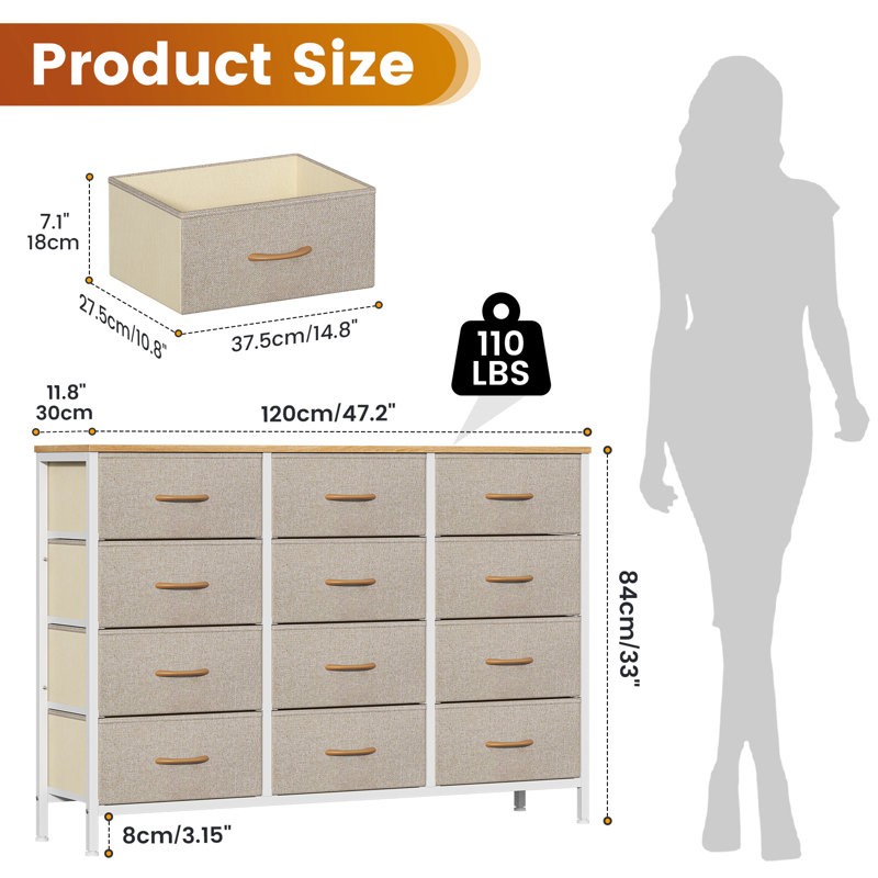 Metal 30cm W 12 - Drawer Chest of Drawers, Beige