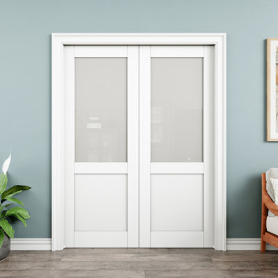 Sliding Closet Door White Pantry Sliding Pocket Door Tempered Frosted Glass With Hardware Kit
