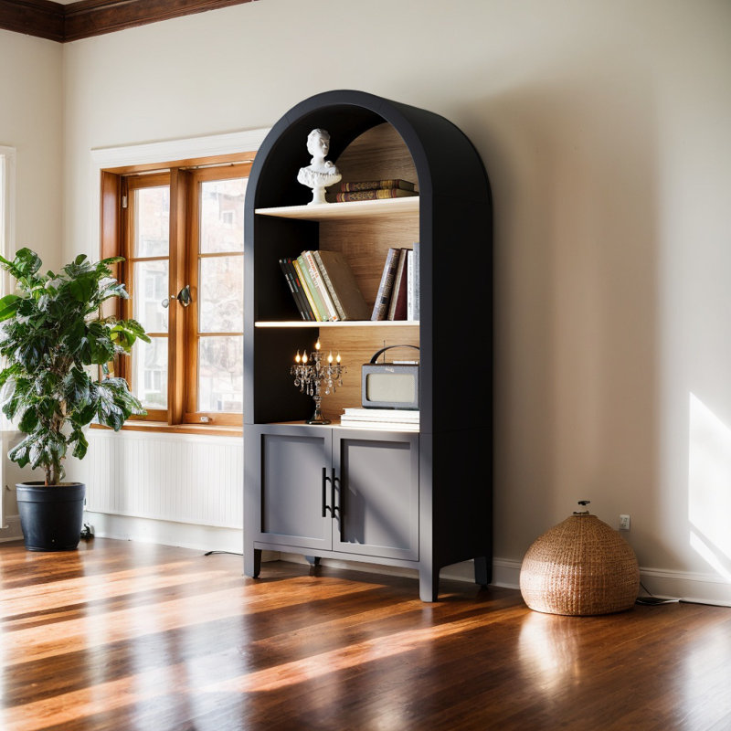 Bibliothèque arquée de 66,7 po de hauteur avec armoire de rangement, armoire arquée moderne à 3 niveaux de style Mid-Century avec tablette ouverte pour le bureau, la salle à manger, le salon, noir