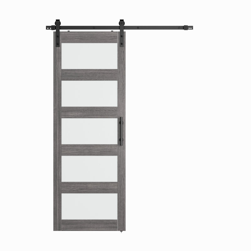 Porte de grange 84 po en bois manufacturé massif peint avec ensemble de quincaillerie d'installation, 30 po x 84 po, Gris
