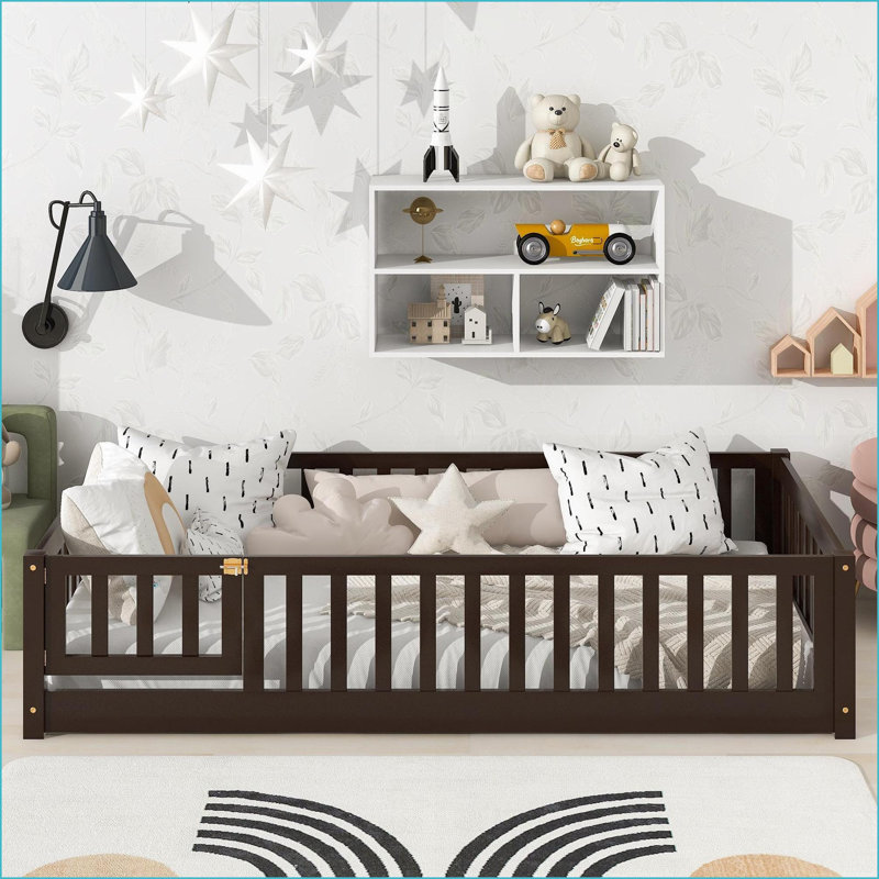 Twin Size Rubber Wood Platform Floor Bed with Guardrails &amp; Door, No Box Spring Needed, Espresso for Compact Spaces, Twin