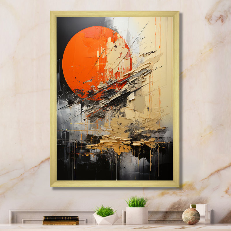 Forme de lune orange - art mural abstrait, Encadrement doré, H 20 po x l 12 po x P 1 po