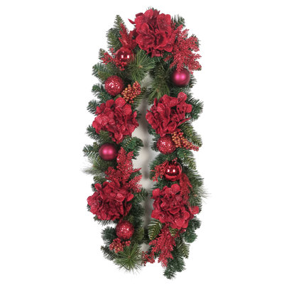 Christmas Garland,72" Hydrangea Ornaments, Red
