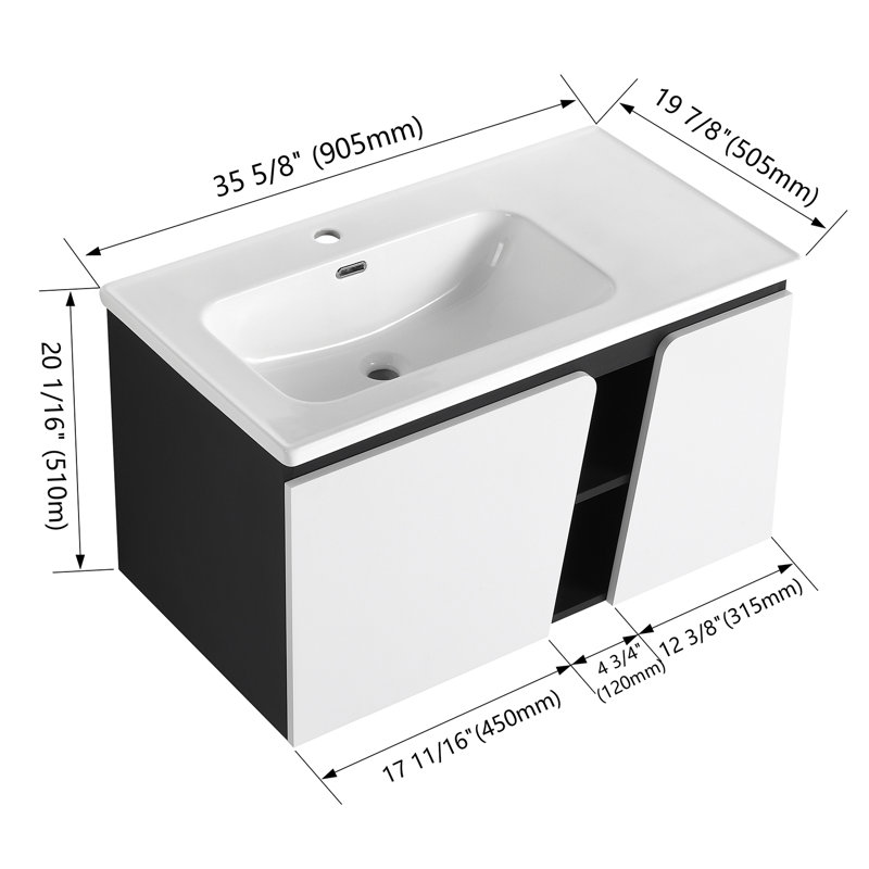 Meuble-lavabo mural 36 po avec lavabo en céramique