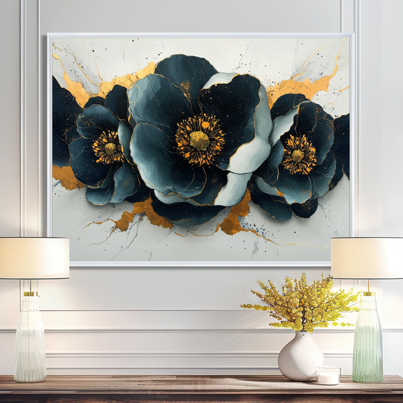 Pivoine moderne émeraude sur pierre émeraude III - art mural pivoine, H 34 po x l 44 po, Cadre flottant, Blanc