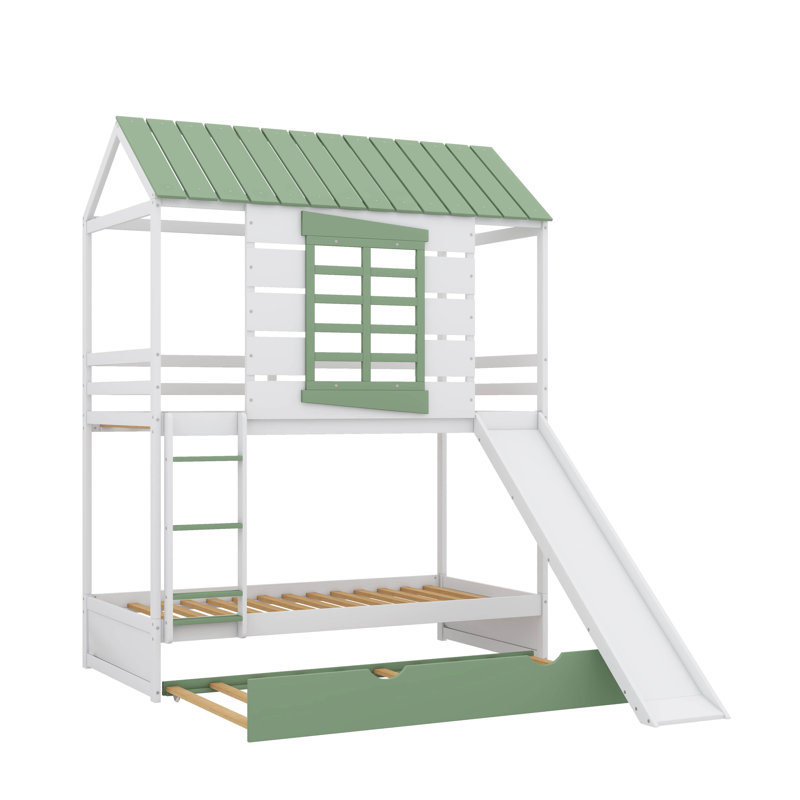 Lit superposé simple au-dessus d'un lit simple avec une conception de maison, avec une glissade transformable et un lit gigogne