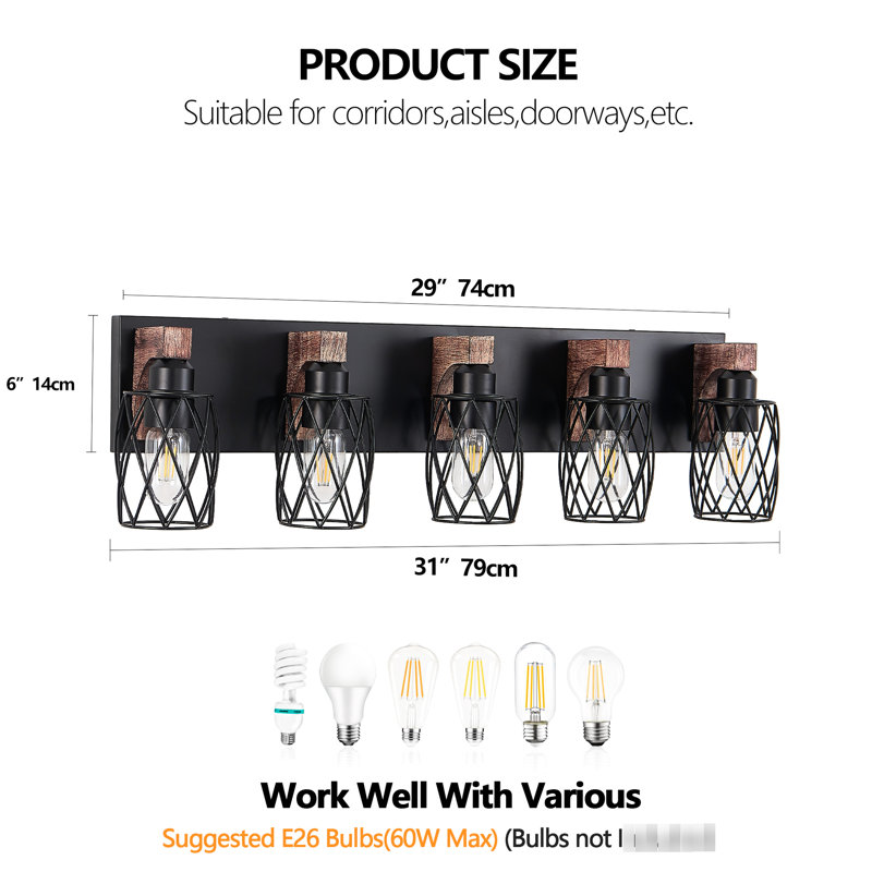 31-Inch Industrial Vintage 5- Wall Sconce With Black Cage And Wooden Accents For Bathroom, Hallway, Living Room, Bedroom, Dressing Entryway, Kitchen, Office - , , Easy To Install, Compatible E26