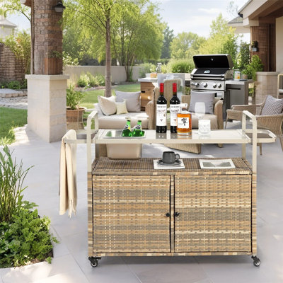 Portable Outdoor Wicker Bar Table, Wheels, Steel Table Top For Patio Kitchen And Bar Cart by Latitude Run