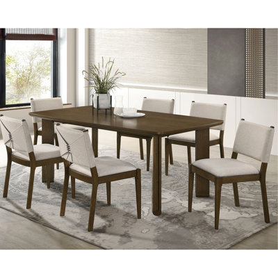 Rectangular Wood Dining , 7 - Piece, Brown Finish, 6 Side Chairs, Solid Back, Contemporary Design, Rubberwood Construction, Open Lower Shelf, Seats 6,