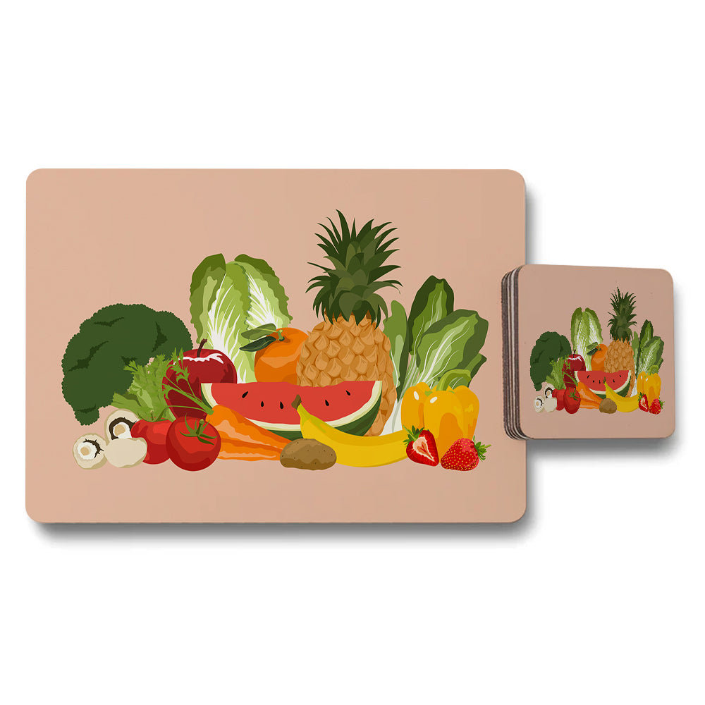 Fruit and Vegetable Placemat and Coaster Set for Dining Table