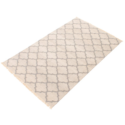 Tapis gris / ivoire en laine tissé à plat à la main à motif géométrique
