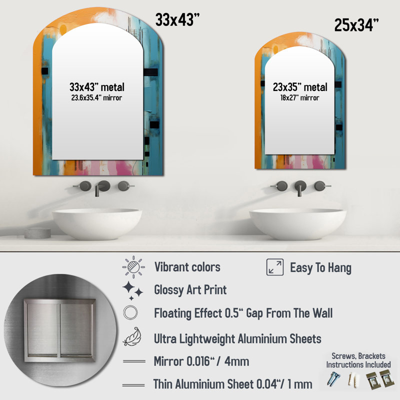 Miroir mural multicolore moderne multicolore orange et bleu, 34 po x 25 po