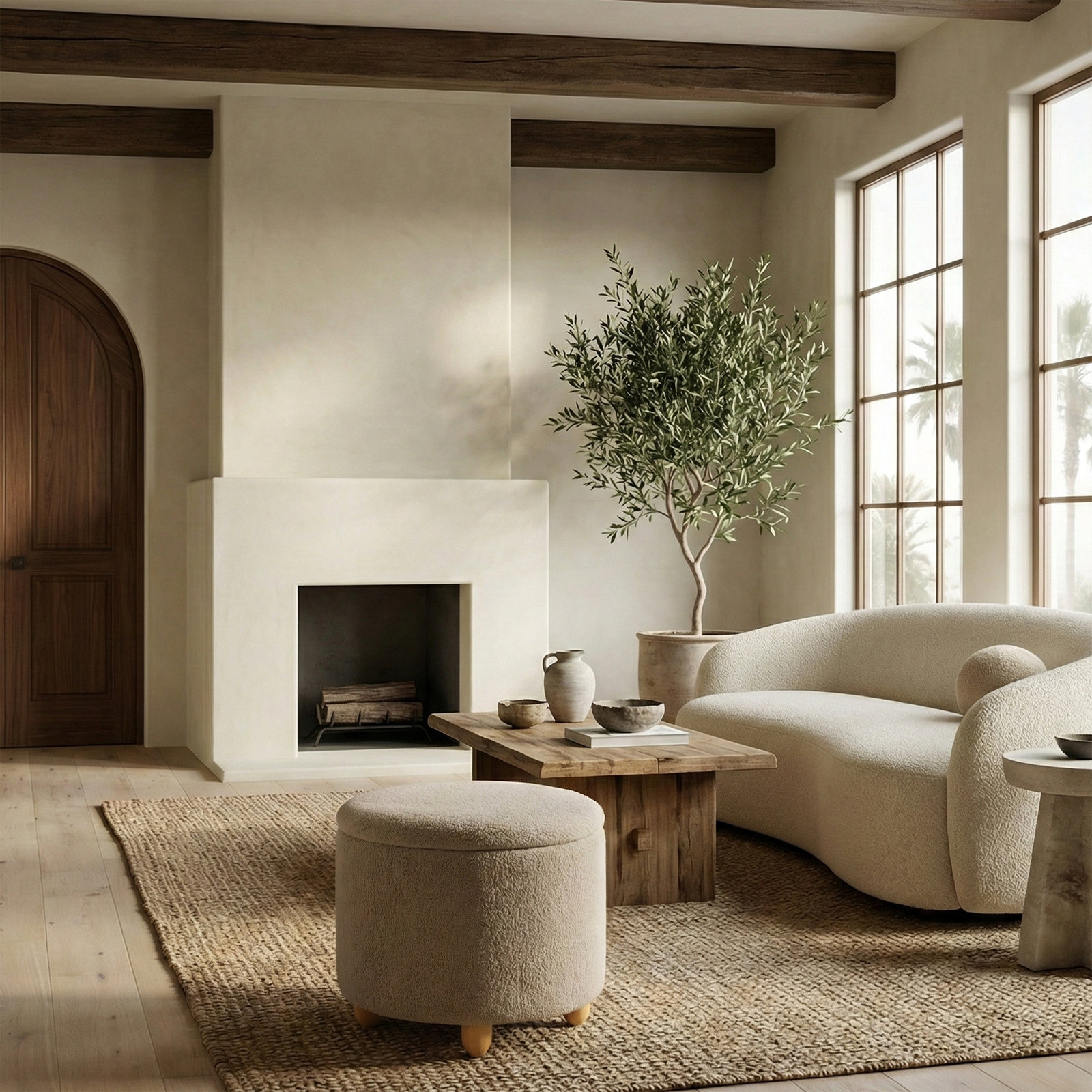Mancora 21" Ottoman, Brown Faux Shearling