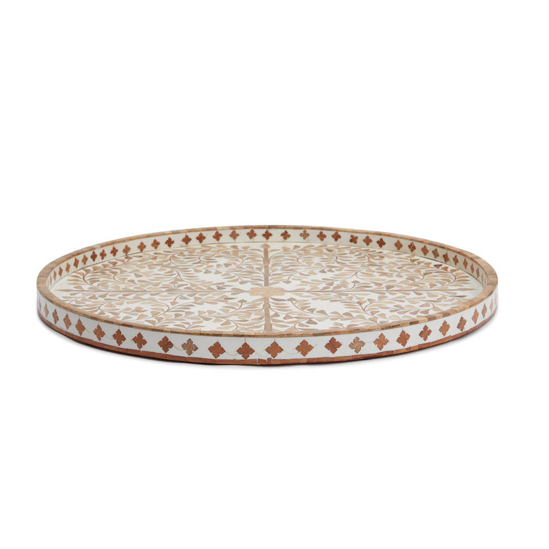 Plateau Jaopur Palace MOP, Floral, Bois manufacturé / bois de manguier / résine, Blanc / brun