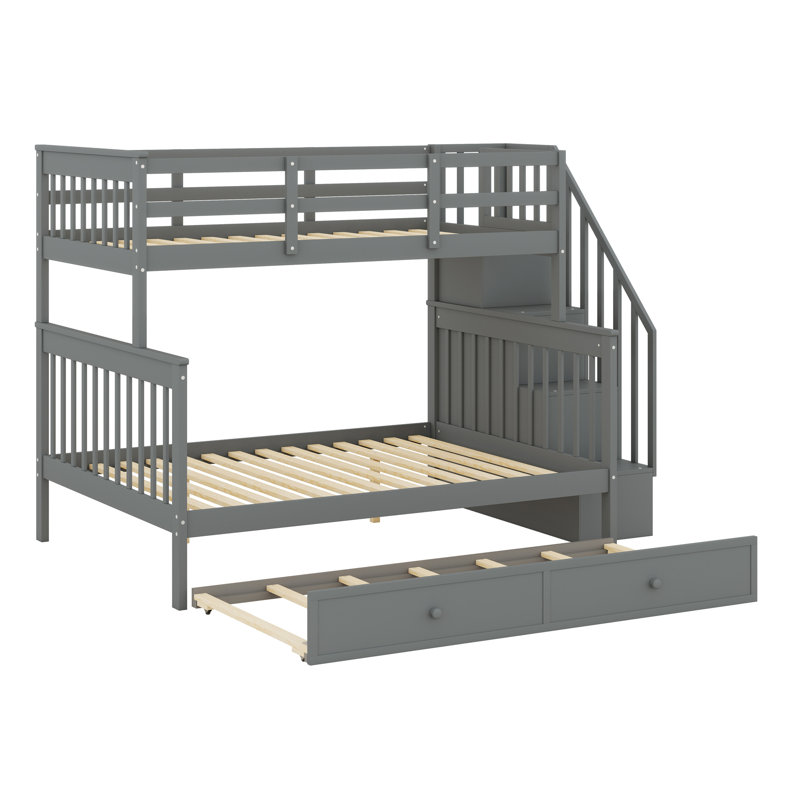 Lit superposé avec lit gigogne, escalier de rangement et garde-corps, Gris