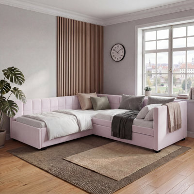 L-shape Upholstered Double Twin Size Daybed with Trundle and Drawer, Pink