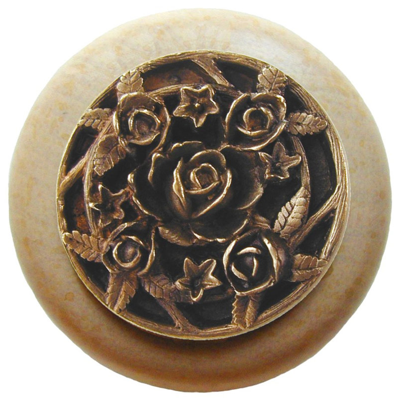 Floral 1.5" Diameter Mushroom Knob, Antique Brass/Natural Wood