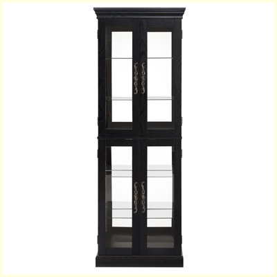 Modern Lighted Glass Curio Display Cabinet with Wood Frame for Living Room