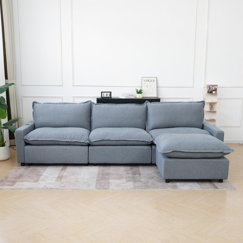Canapé modulaire inclinable électrique en lin 4 pièces avec gravité zéro, Lin bleu, H 35,04 po x l 116,14 po x P 59,44 po