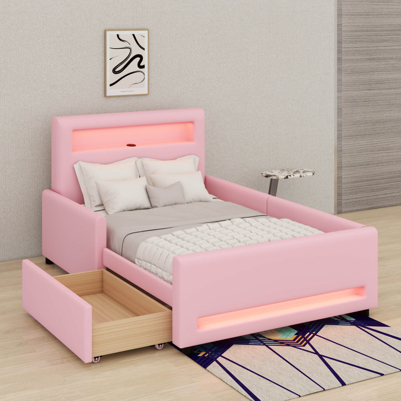 Lit plateforme tapissier en polyuréthane avec tiroir, bande lumineuse à DEL, port USB, Rose
