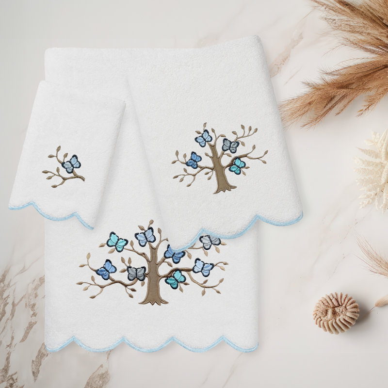  Ensemble de serviettes 100% coton turque 3 pièces, Blanc / Bleu, Ensemble 3 serviettes de bain