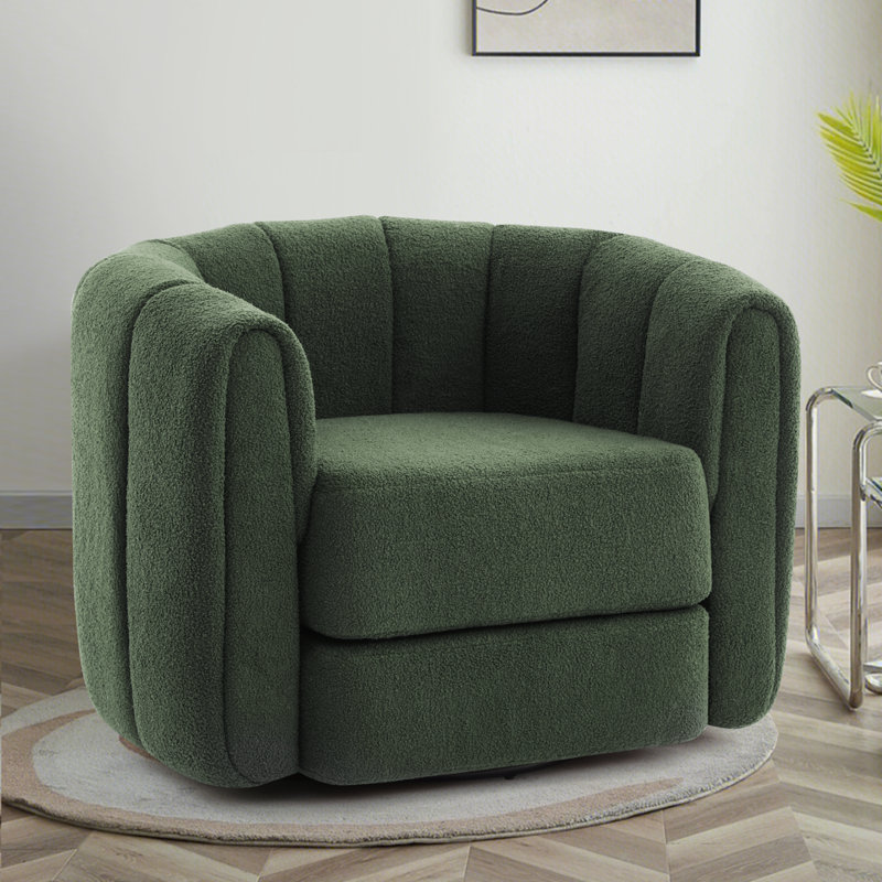 37" Wide Accent Chair, Boucle Upholstered Armchair, Swivel Barrel Chair, Green, Green Teddy