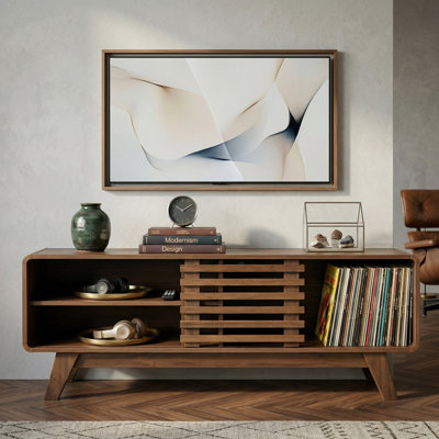 Mid-Century Modern 46-Inch Walnut TV Stand with Slatted Sliding Door and Storage Media Console Entertainment Center for Living Room