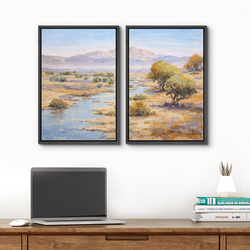 «Soft Desert River Landscape with Distant Mountains», reproduction d'art sur toile encadrée, 2 pièces, Noir