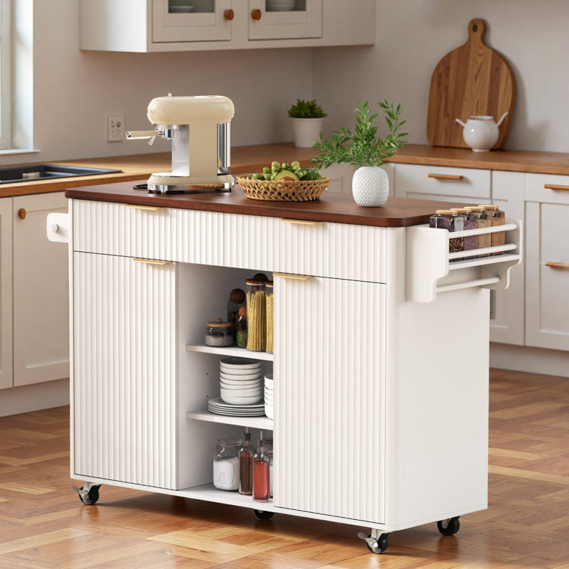 Fluted Kitchen Island With Drop Leaf, Power Outlet, Adjustable Shelves, 2 Doors And 2 Drawers, Brown/White